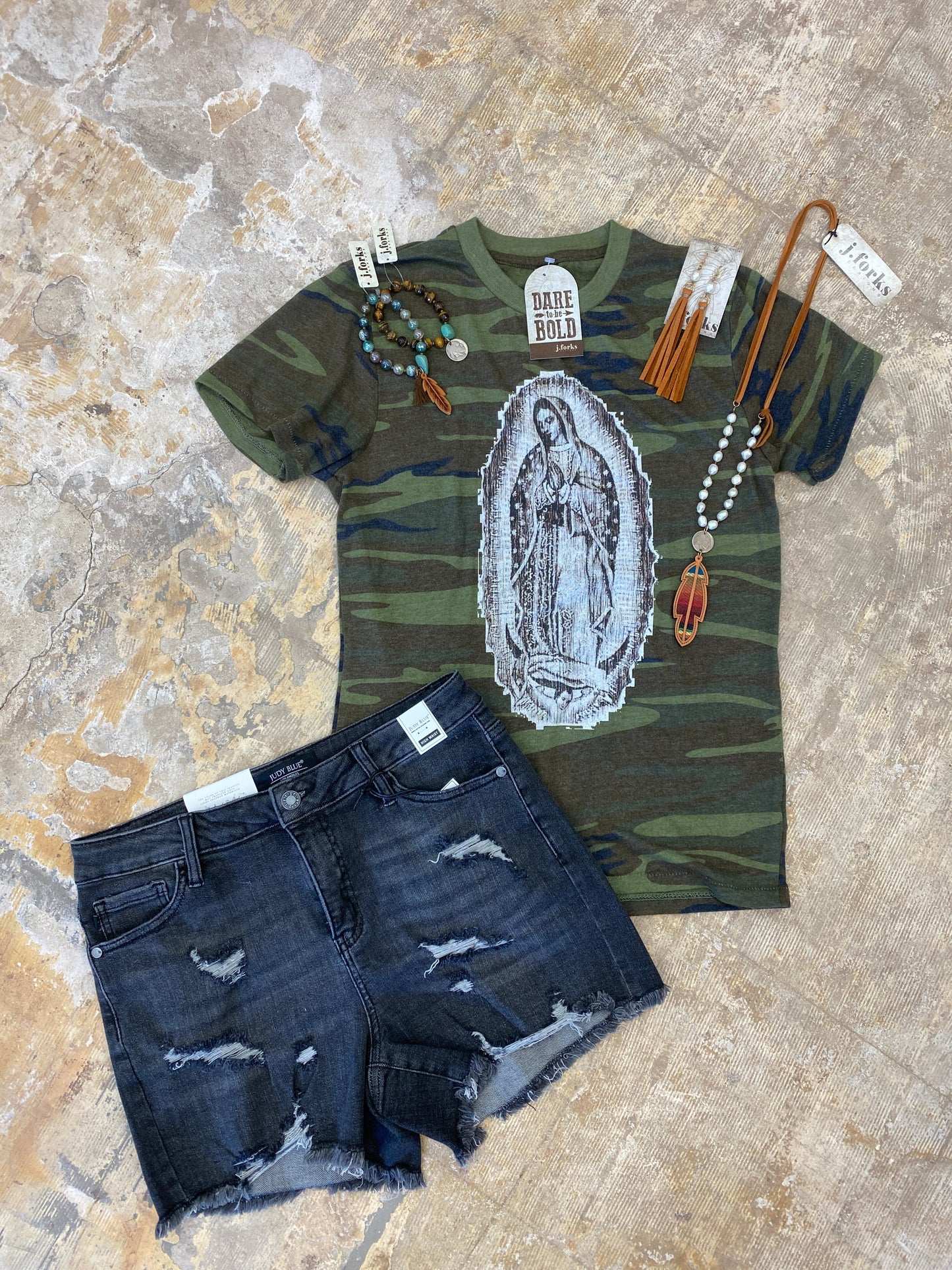 1689 Lady of Guadalupe on Camo Tee