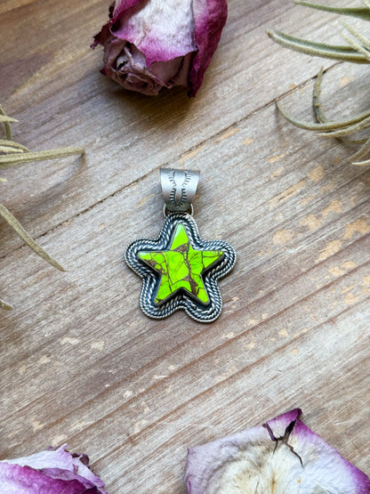 Sterling Silver Neon Green Wrangler Dahlia Star Pendant – Handmade by Artist Shay Pfeiffer
