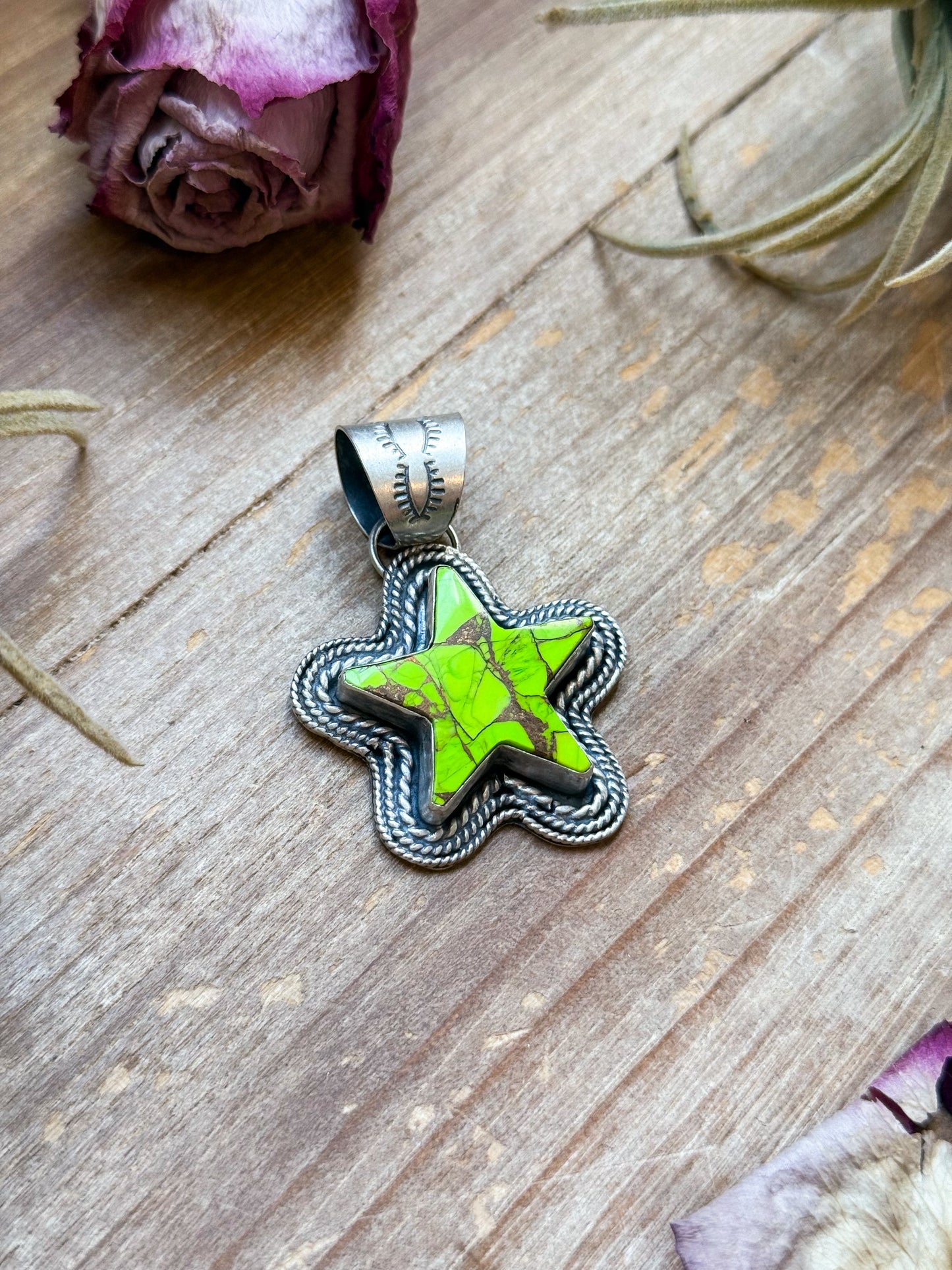 Sterling Silver Neon Green Wrangler Dahlia Star Pendant – Handmade by Artist Shay Pfeiffer