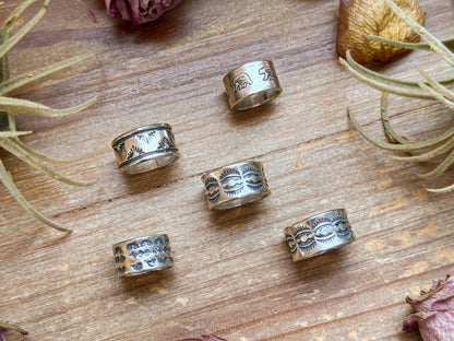 Sterling Silver Hand-Milled Wide Band Aloe Stamped Ring – Size 8.5 – Handmade by Artist Jason Ogg