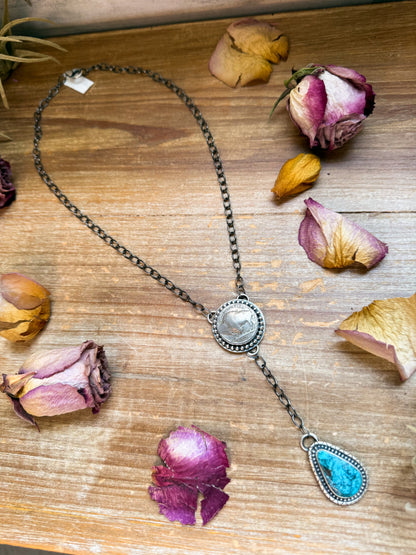 Sterling Silver Buffalo Coin & Kingman Turquoise Lariat Necklace – 18” – Artist Gilbert Nez