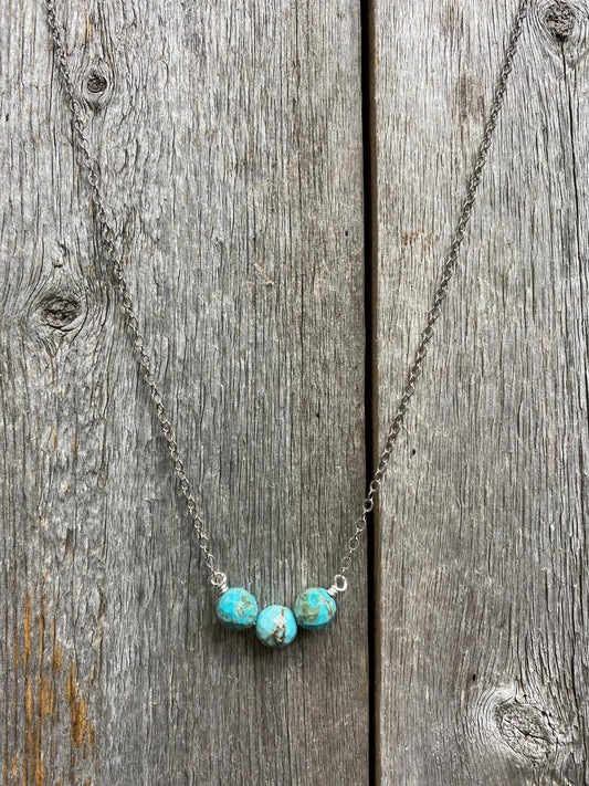 17379 3 Faceted Turquoise Stones on Sterling Silver Chain Necklace