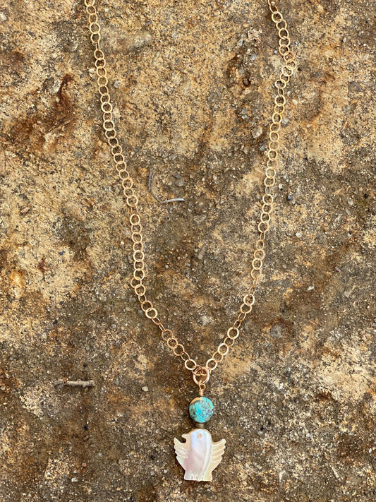 17566 Bronze Chain with Turquoise and Mother of Pearl Thunderbird Charm