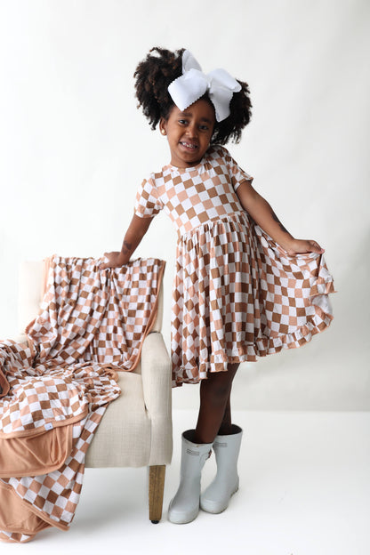 CHESTNUT CHECKERS DREAM RUFFLE DRESS