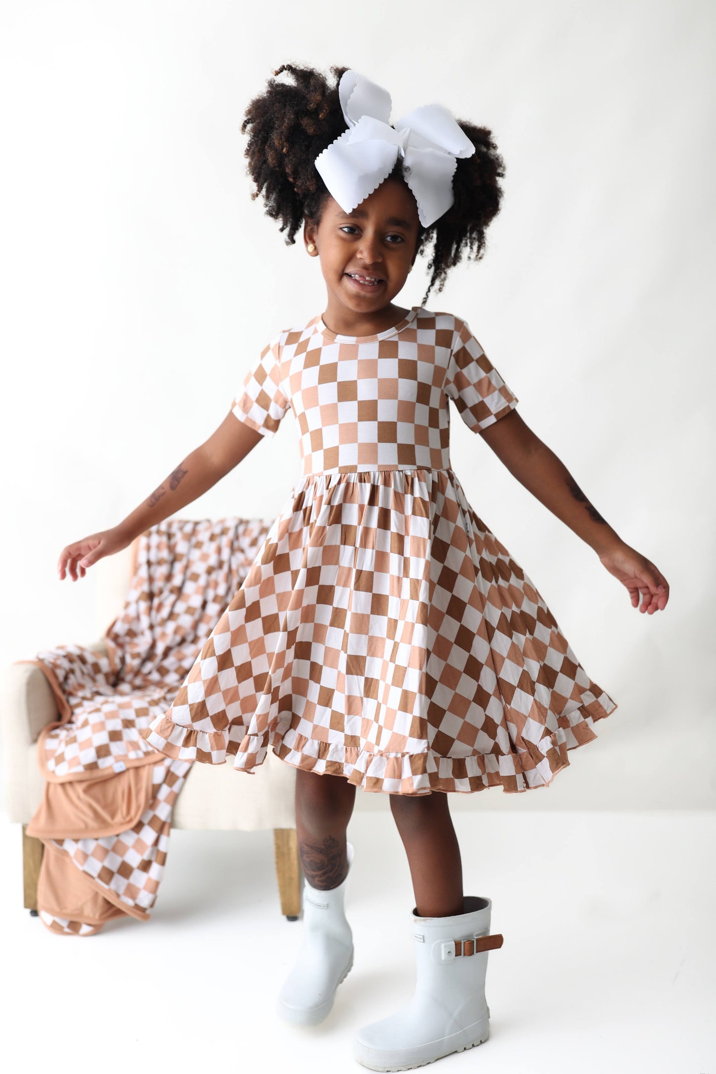 CHESTNUT CHECKERS DREAM RUFFLE DRESS