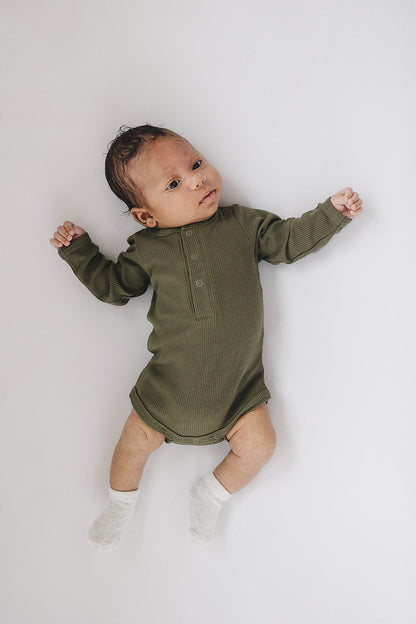 Winter Green Organic Snap Long Sleeve Ribbed Bodysuit