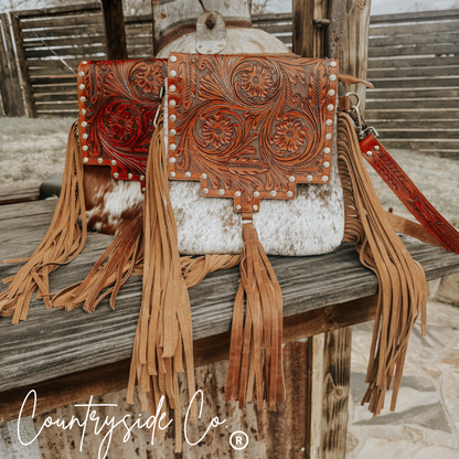 Chisholm Trail Cowhide Purse With Tooled Leather