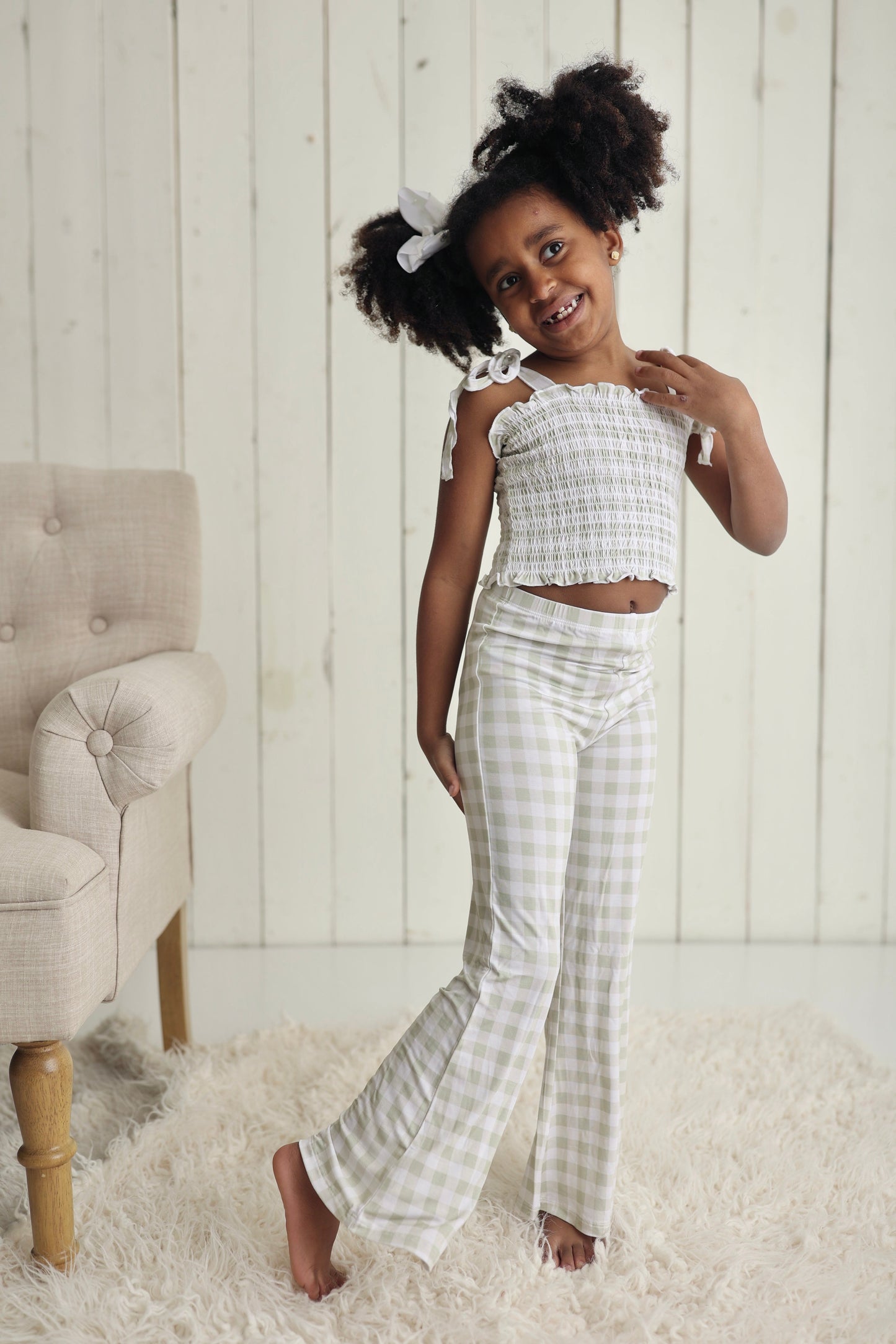 SAGE GINGHAM DREAM SMOCKED FLARE SET