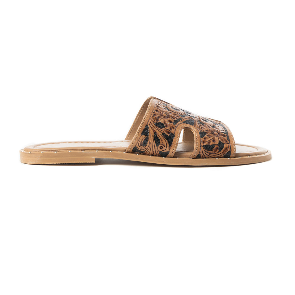 Myra Carmina Anne Dark Embossed Leather Slip-On Sandals for Women â€“ Western H-Cut Slides with Studded Trim