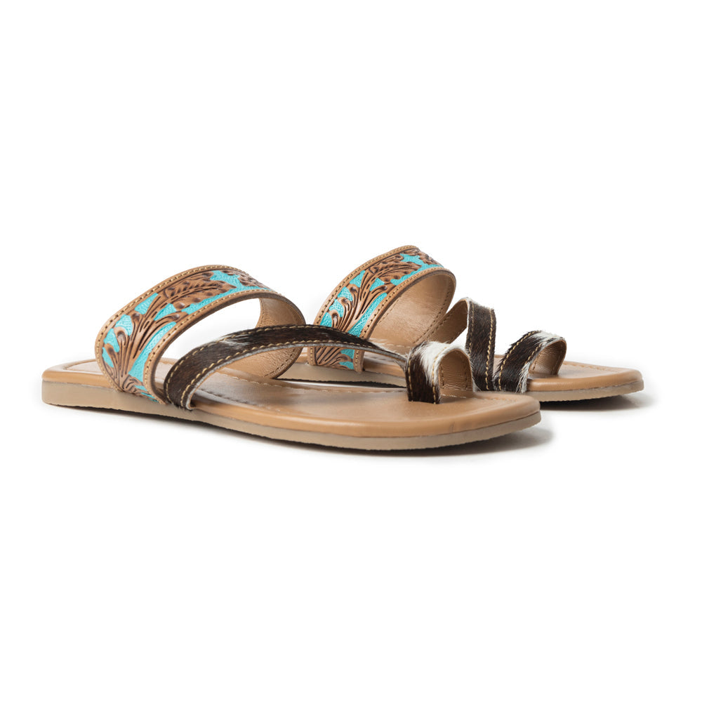 Myra LaDonna Trail Handtooled Sandals for Women â€“ Azure Western Hairon Slip-Ons for Ranch Days & Rodeo Nights