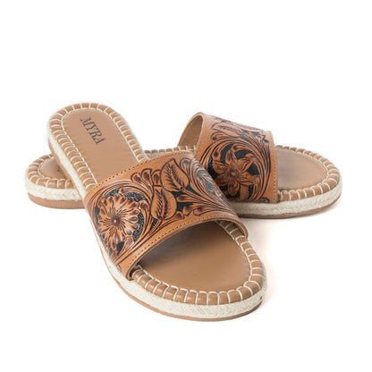 Dustlily Trail Handtooled Sandals in Rawhide Tan