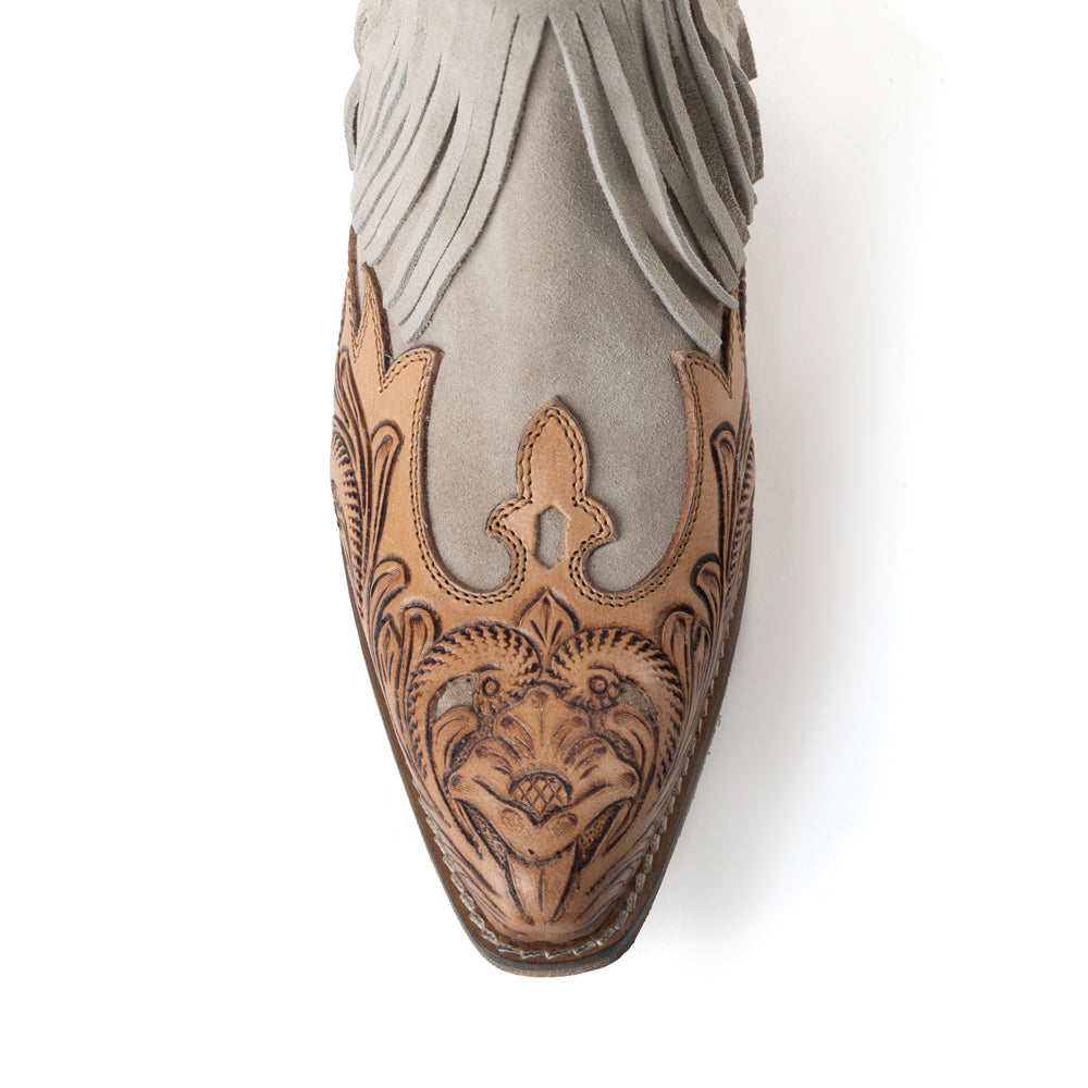 Myra Cimarron Belle Fringed Handtooled Leather Booties in Wild Tan
