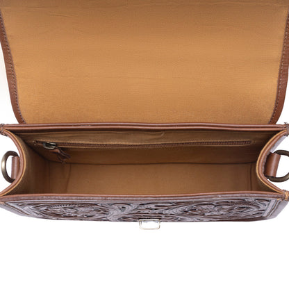 Myra Duchess Hairon Handtooled Flap and Button Leather Satchel in Mocha Cream