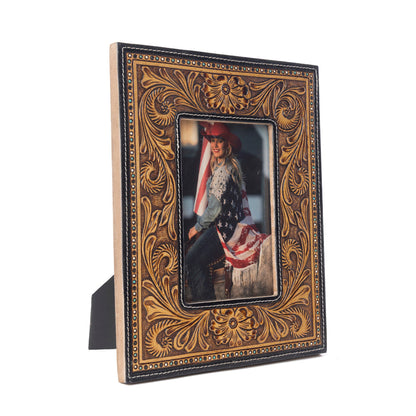 Myra Bordertown Handtooled Leather Photo Frame in brown, premium western home décor