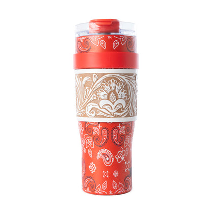 Myra Bandana Tooled Western Tumbler in Red Stainless Steel with Handtooled Leather and Handle for Use