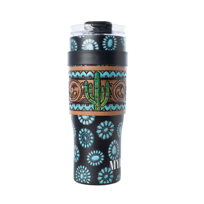 Myra Concho Crest Western Tooled Tumbler in Black Stainless Steel with Leather Wrap and Handle