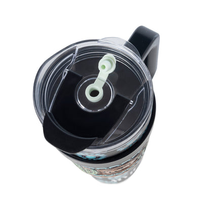 Myra Concho Crest Western Tooled Tumbler in Black Stainless Steel with Leather Wrap and Handle