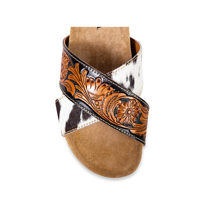 Myra Nevada Handtooled Leather Flats for Women - Double-Strap Sandals with Cushioned Cork Sole for Rodeo Chic Comfort