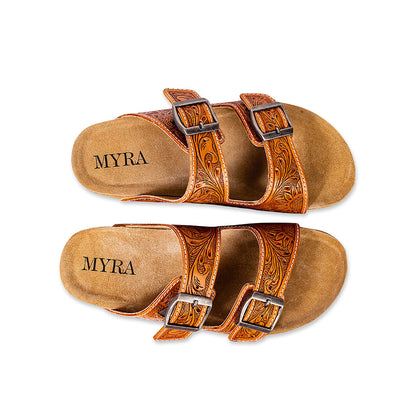 Myra Molly Megan Handtooled Leather Sandals - Easy Slip-on Dual Buckle Leather Flats for Women
