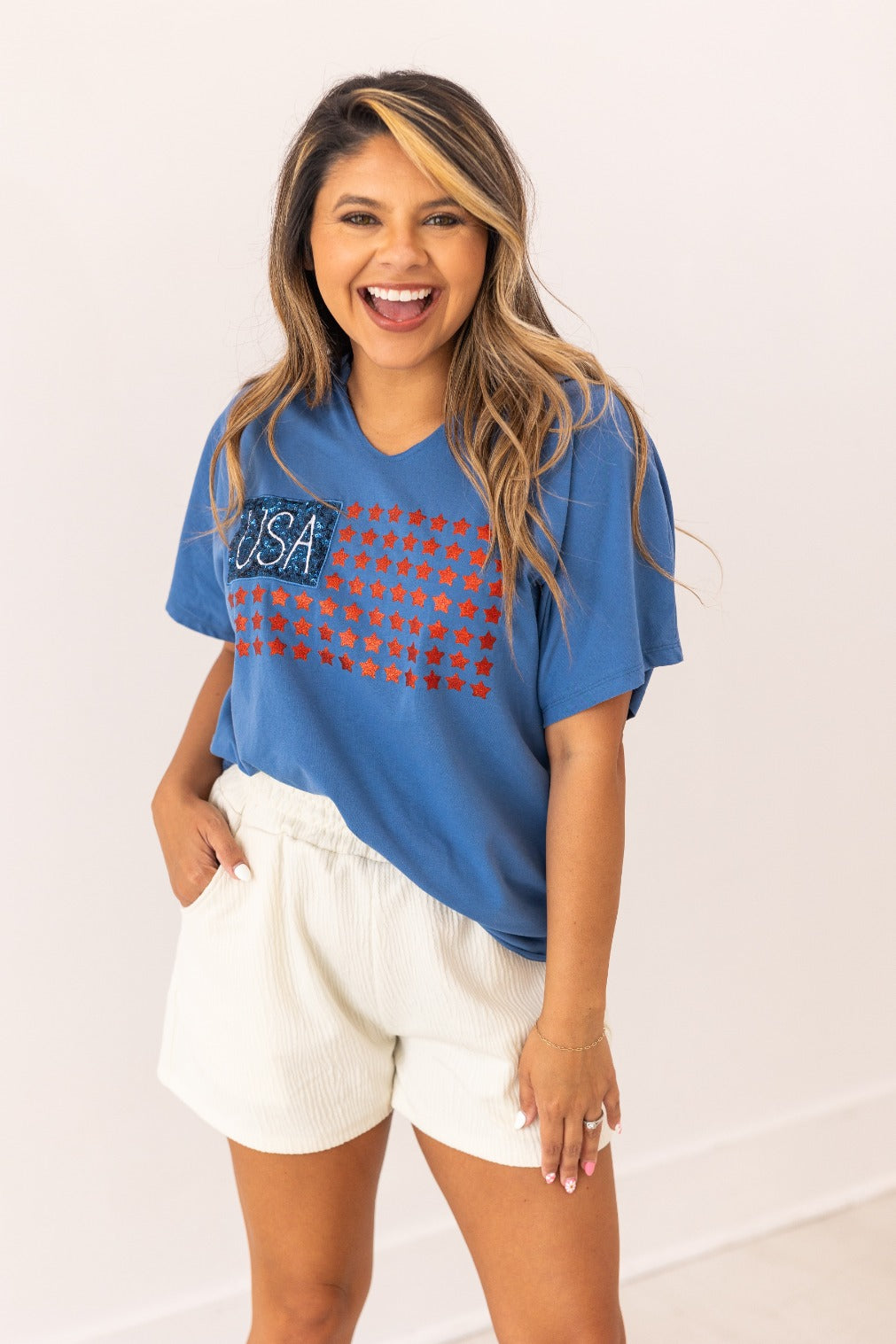 USA Flag Glitter Stars Top