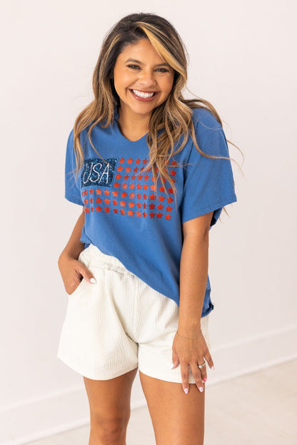 USA Flag Glitter Stars Top