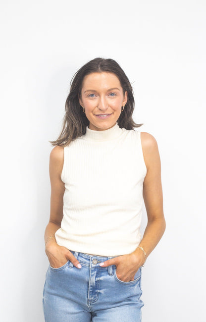 Sleeveless Ribbed Mock Neck Top, Ivory