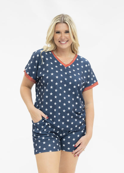 Blue and White Stars V-Neck Top