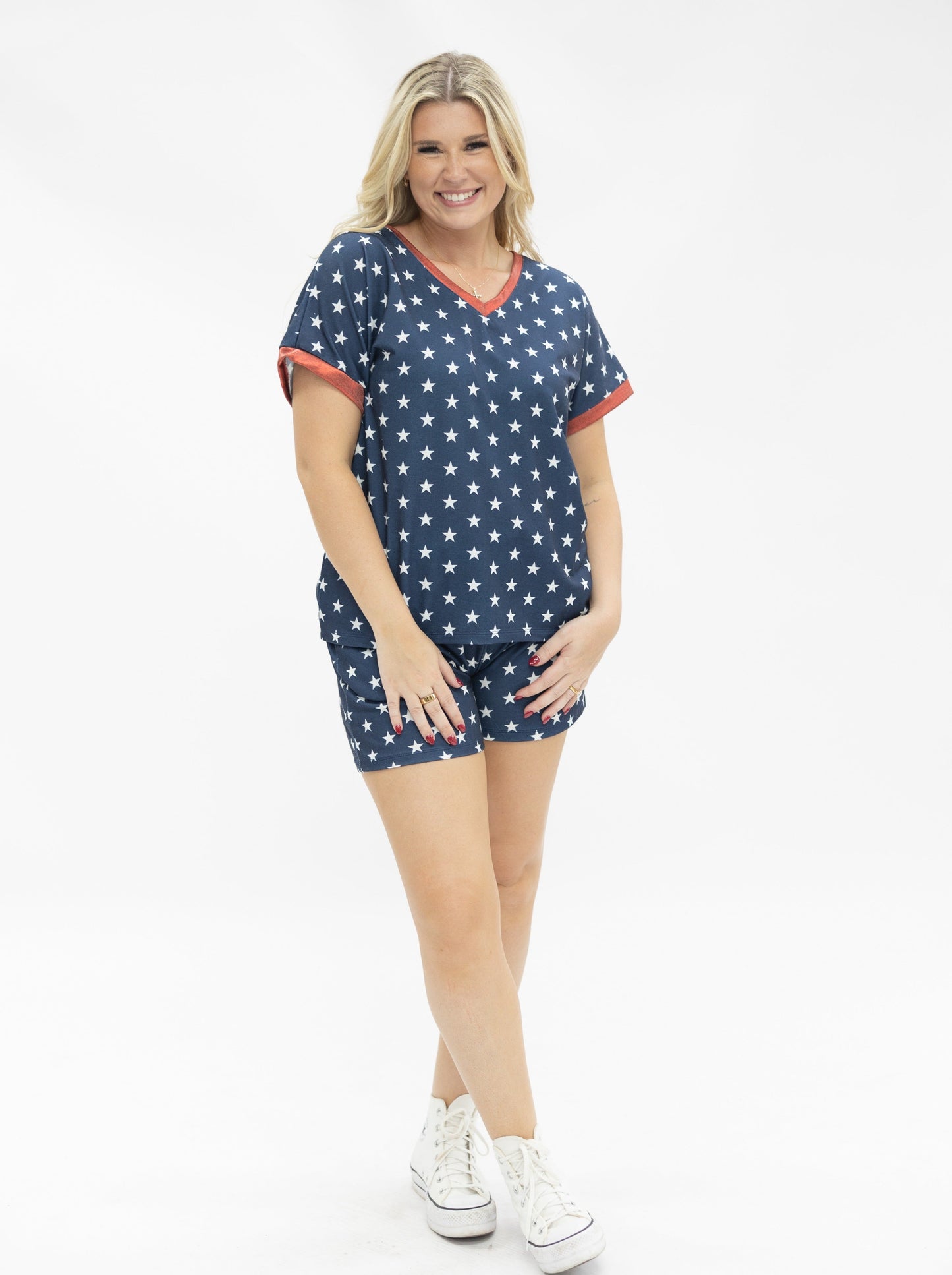 Blue and White Stars V-Neck Top