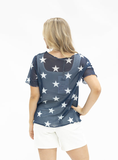 Mesh Short-Sleeve Top, Navy