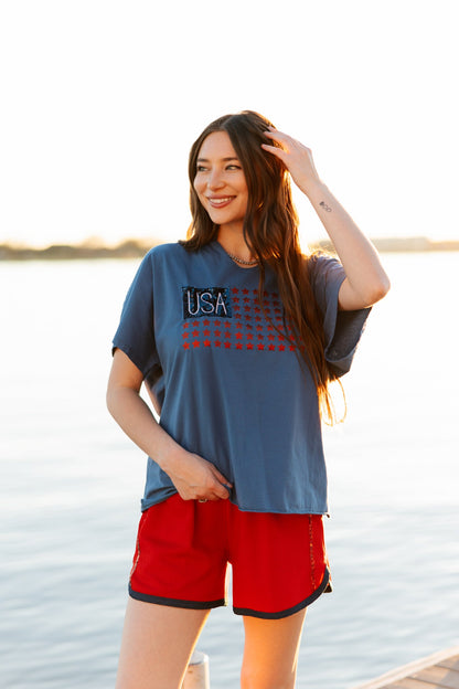 USA Flag Glitter Stars Top