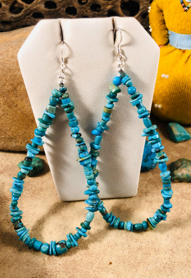 Navajo Turquoise & Sterling Silver Beaded Hoop Earrings