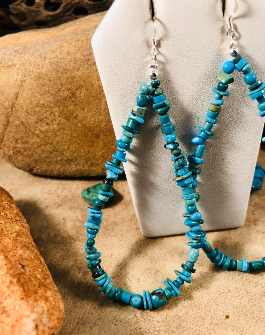 Navajo Turquoise & Sterling Silver Beaded Hoop Earrings