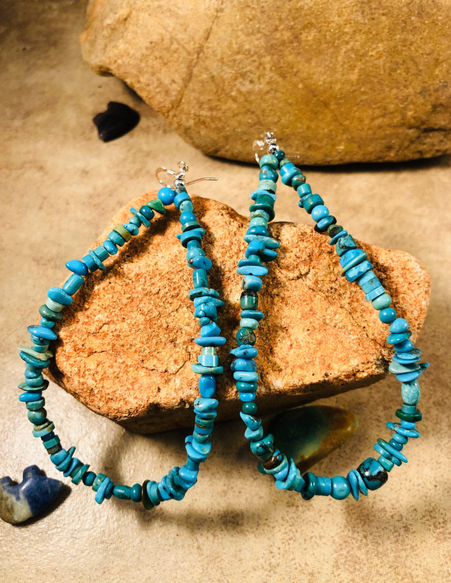 Navajo Turquoise & Sterling Silver Beaded Hoop Earrings