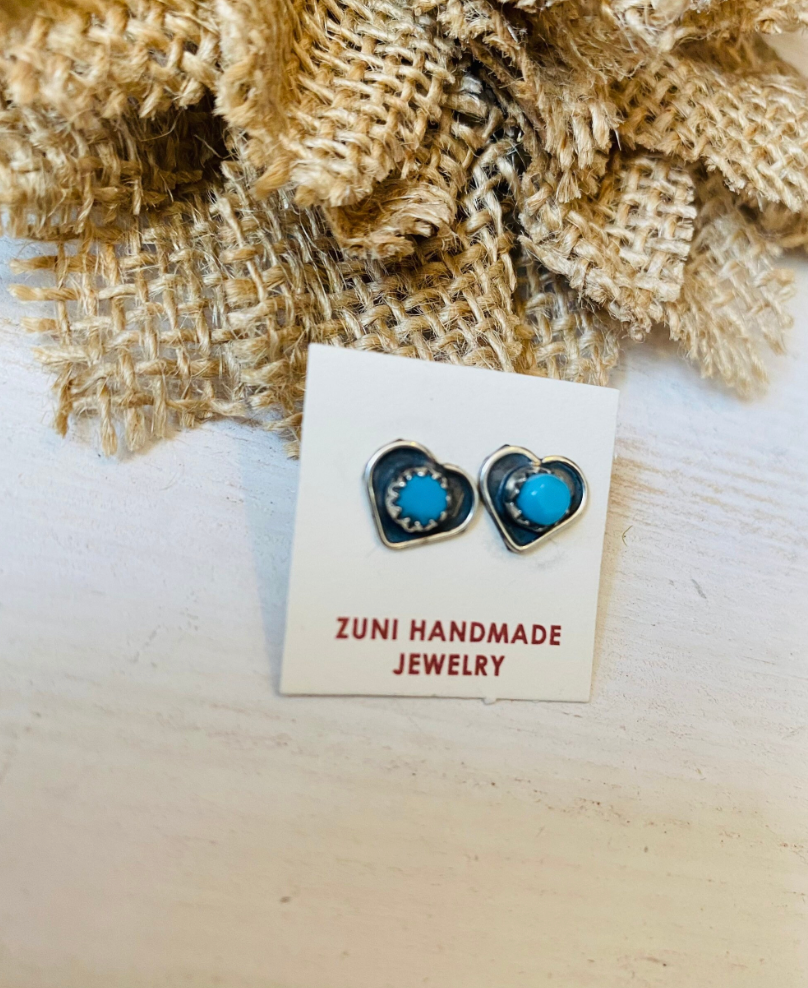 Zuni Sterling Silver & Turquoise Heart Stud Earrings