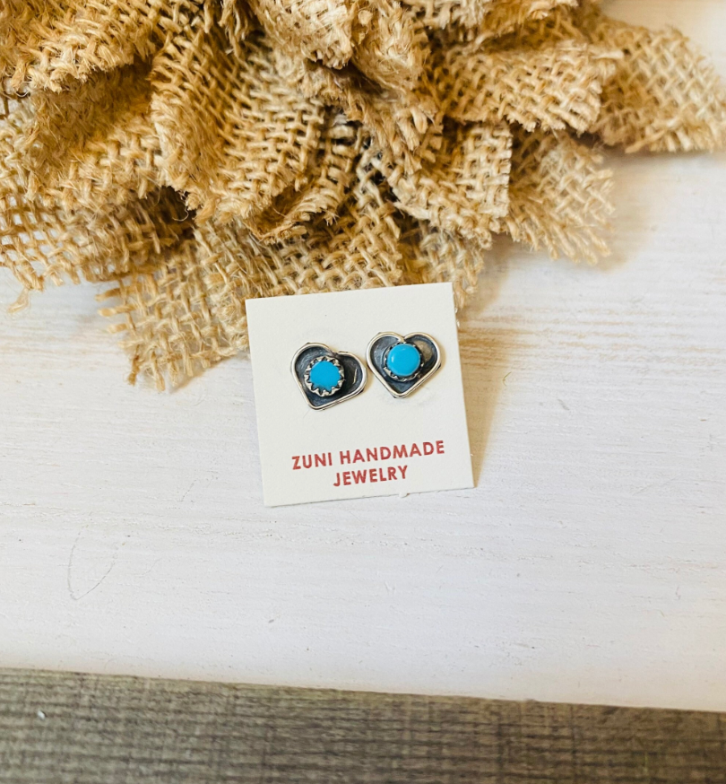 Zuni Sterling Silver & Turquoise Heart Stud Earrings