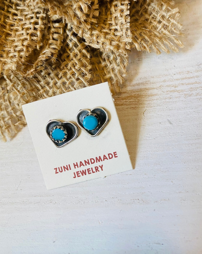 Zuni Sterling Silver & Turquoise Heart Stud Earrings