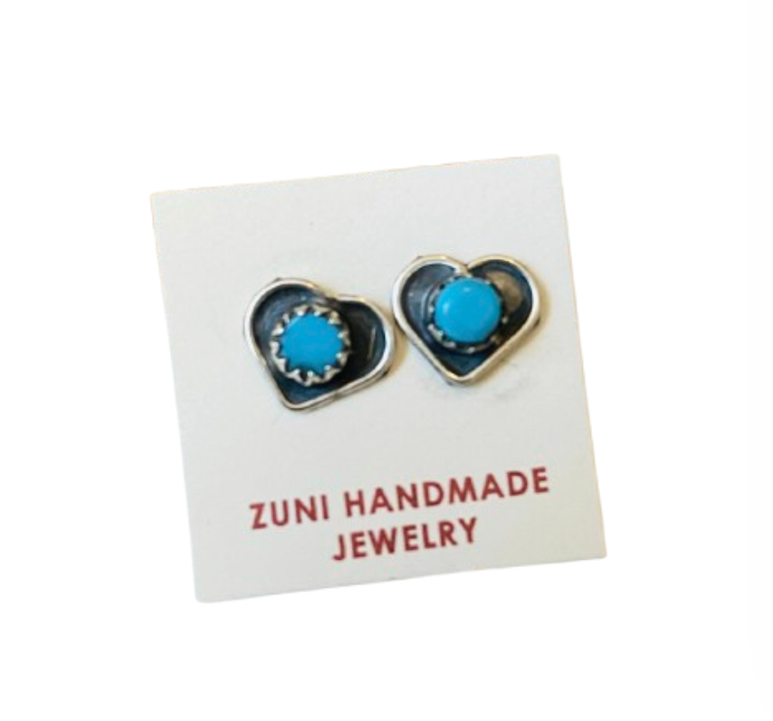 Zuni Sterling Silver & Turquoise Heart Stud Earrings