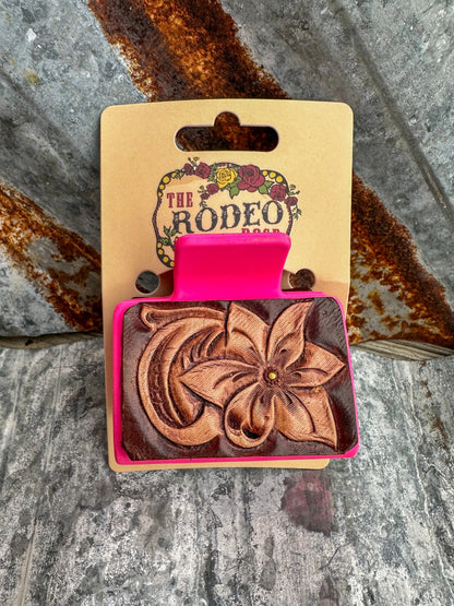 Tooled Leather Hair Clip Floral Small