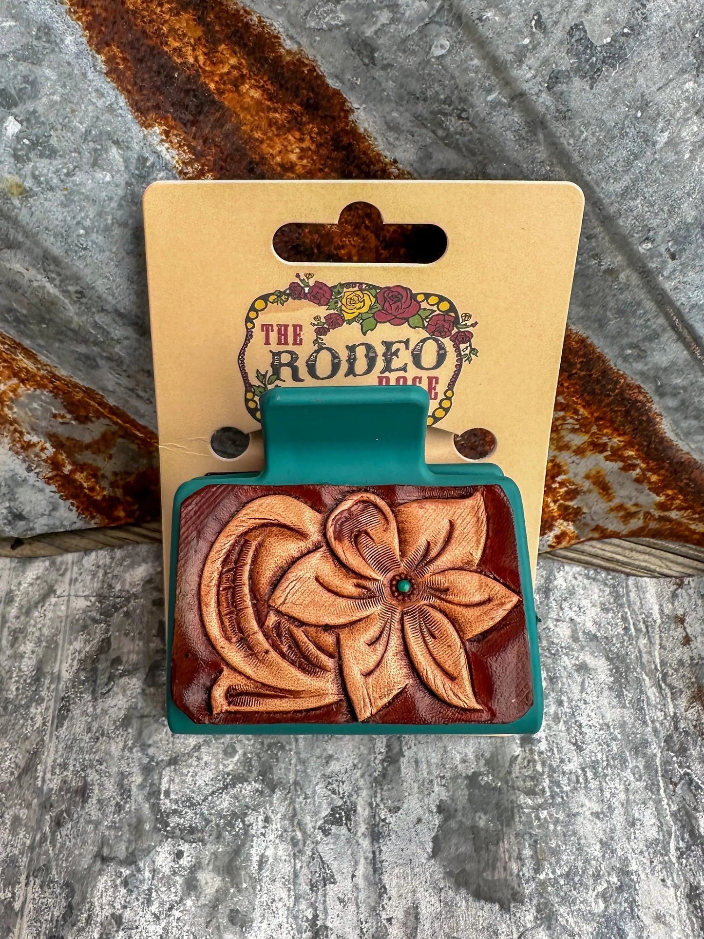 Tooled Leather Hair Clip Floral Small