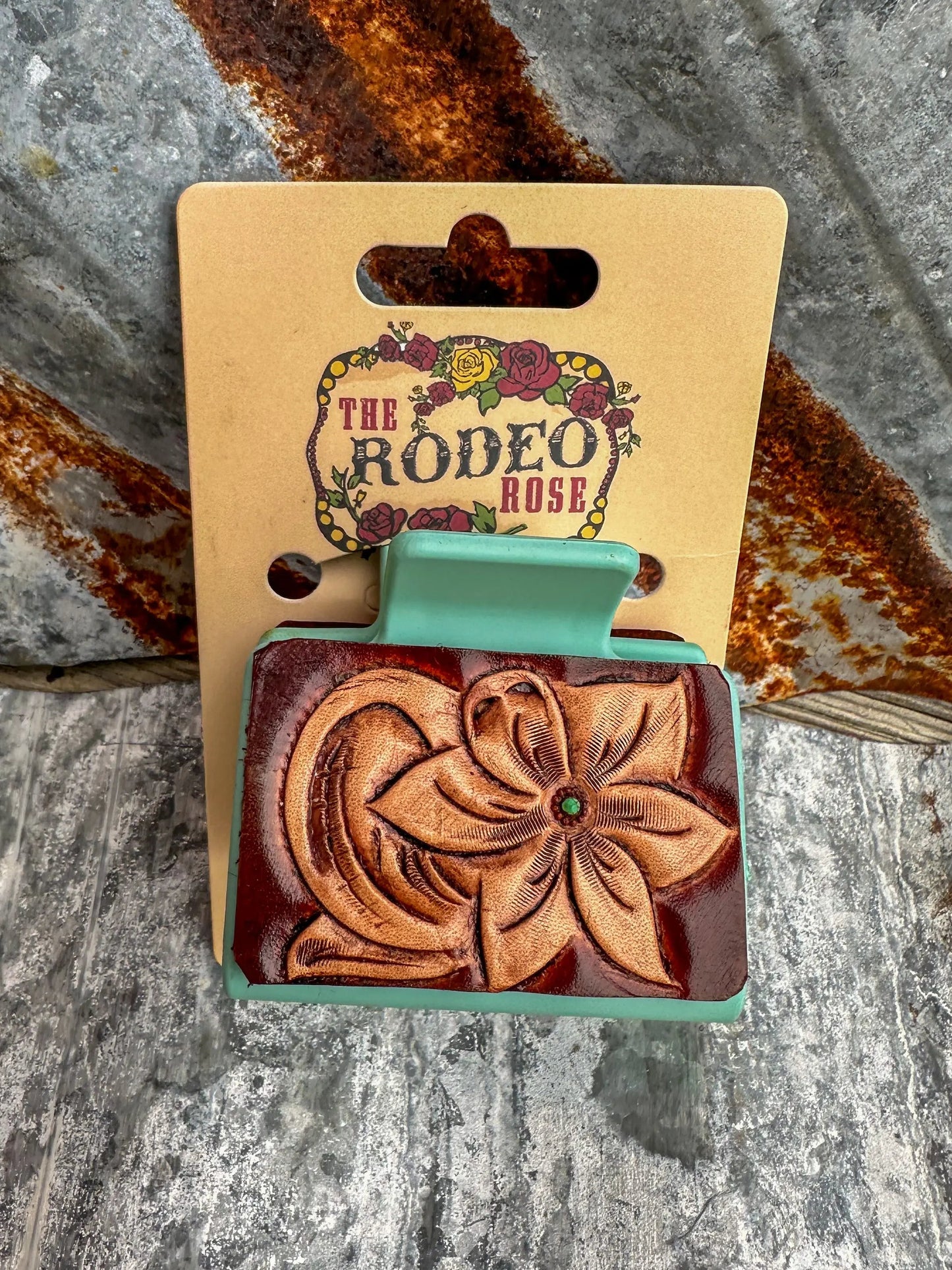 Tooled Leather Hair Clip Floral Small