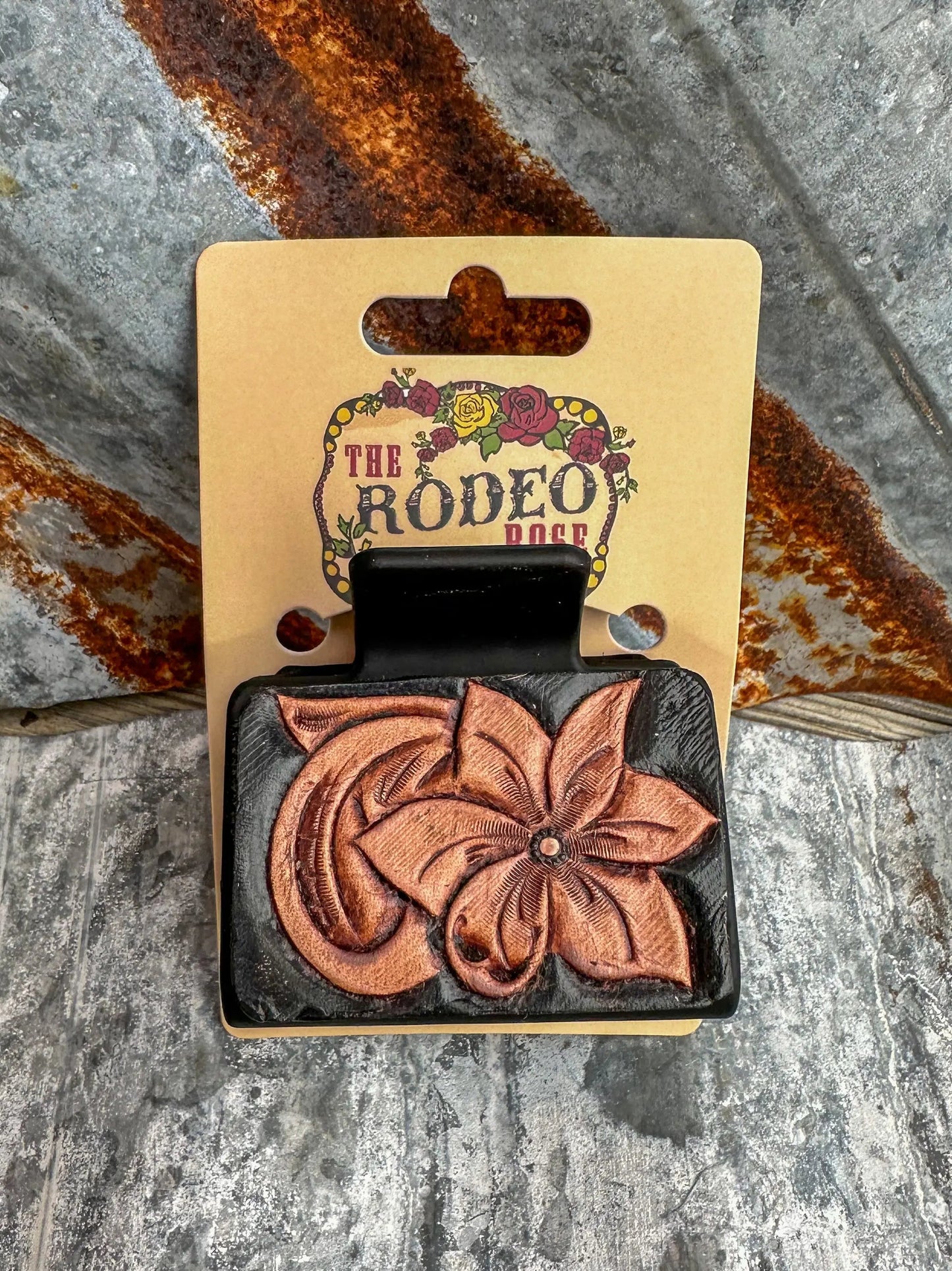 Tooled Leather Hair Clip Floral Small