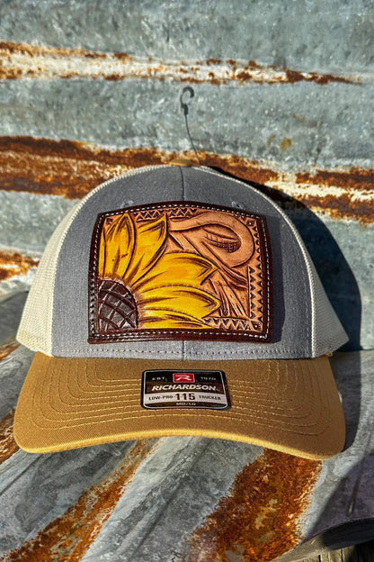 Sunflower and Southwest Handtooled Leather Patch Cap