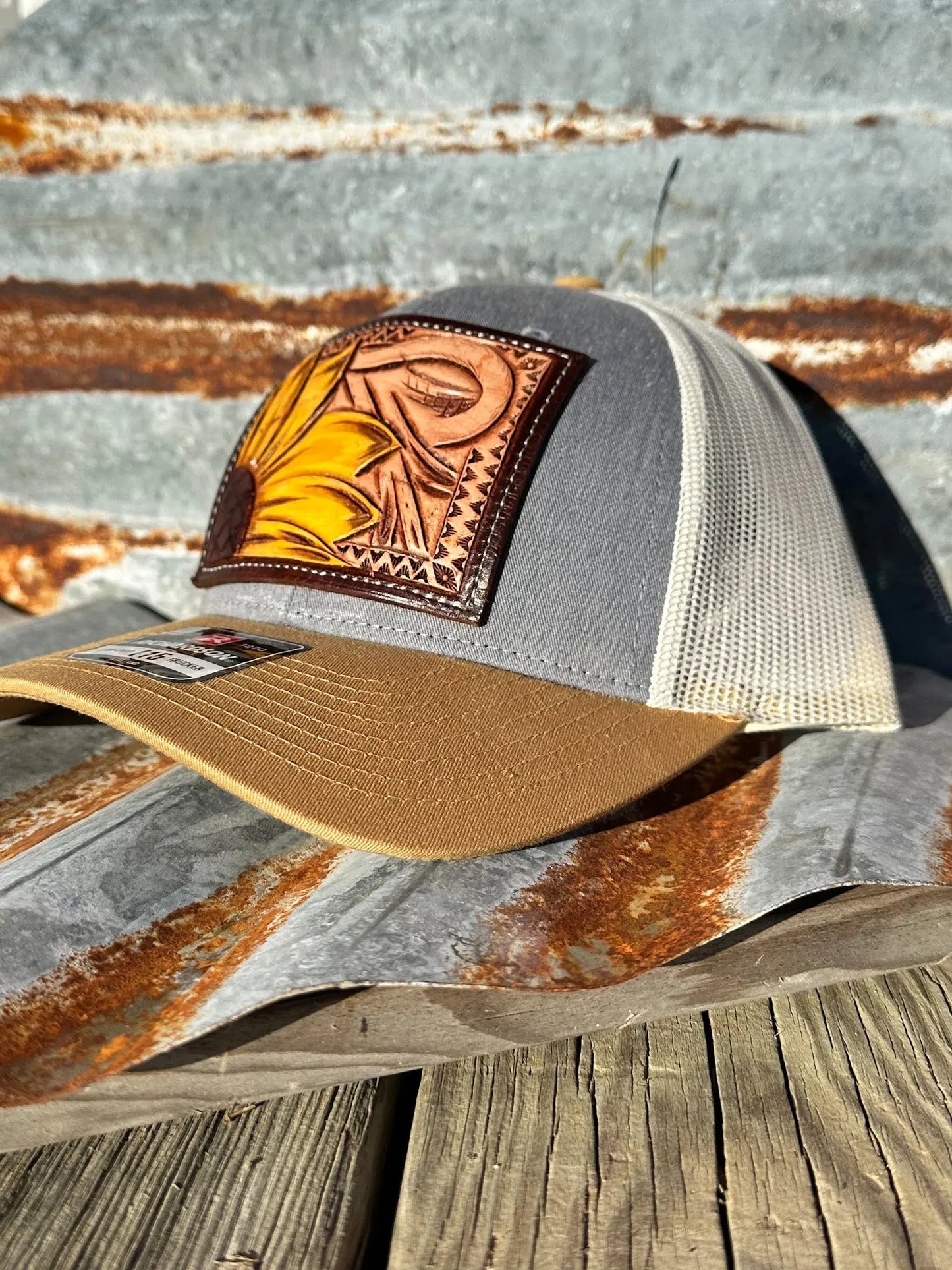 Sunflower and Southwest Handtooled Leather Patch Cap