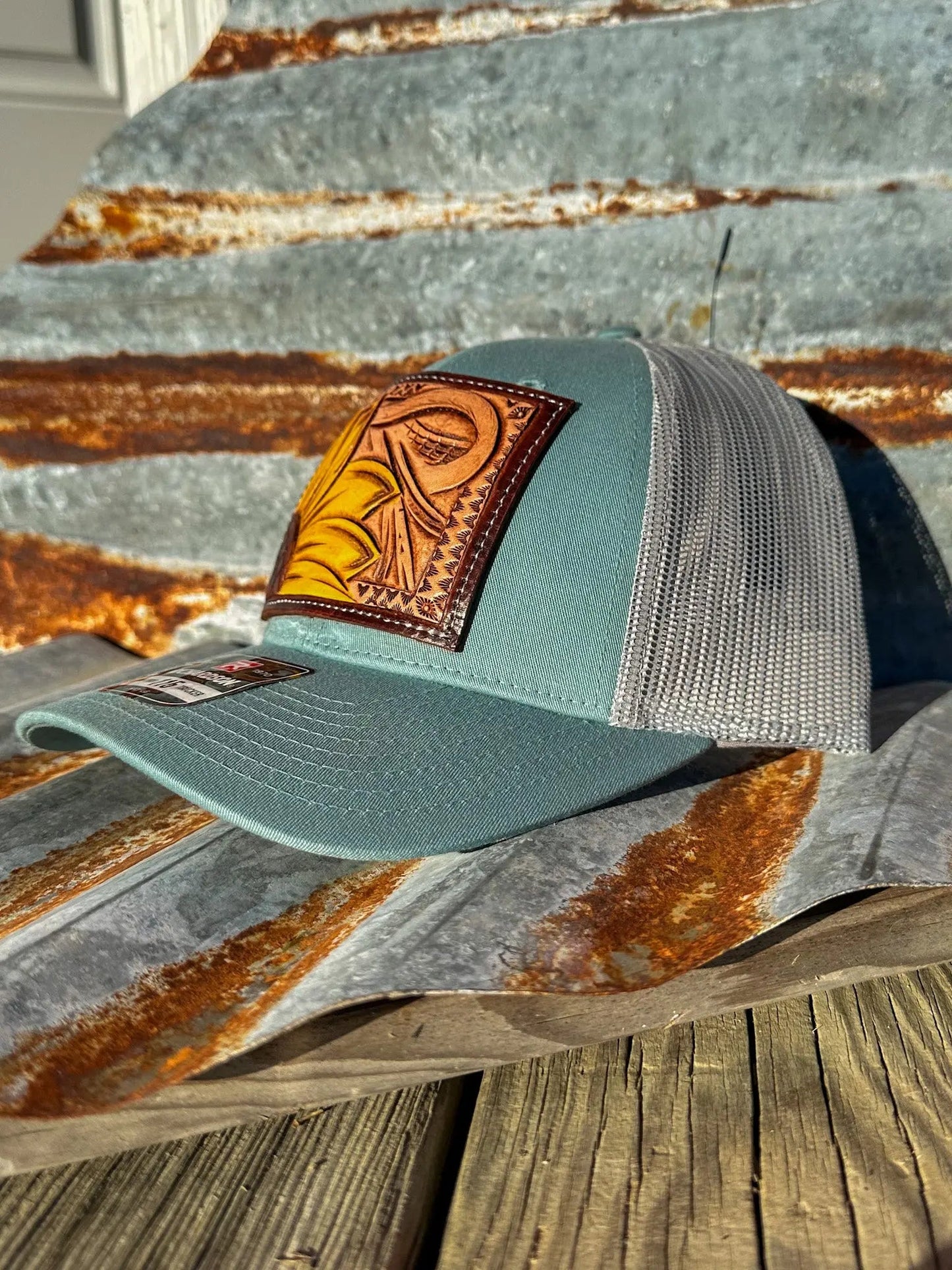 Sunflower and Southwest Handtooled Leather Patch Cap