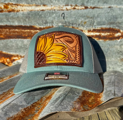 Sunflower and Southwest Handtooled Leather Patch Cap