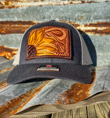 Sunflower and Southwest Handtooled Leather Patch Cap