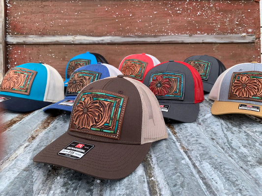 The Daisy Handtooled Leather Patch Cap with Turquoise Southwestern Border