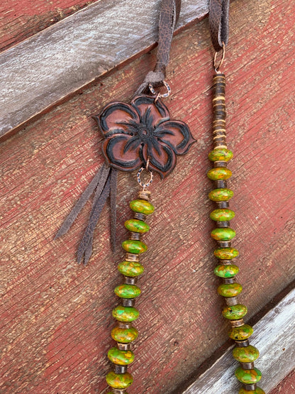 The Lucille Necklace with Hand Tooled Leather Pansy Pendant