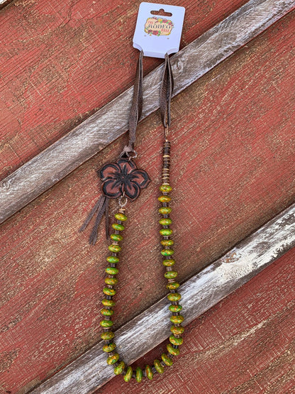 The Lucille Necklace with Hand Tooled Leather Pansy Pendant