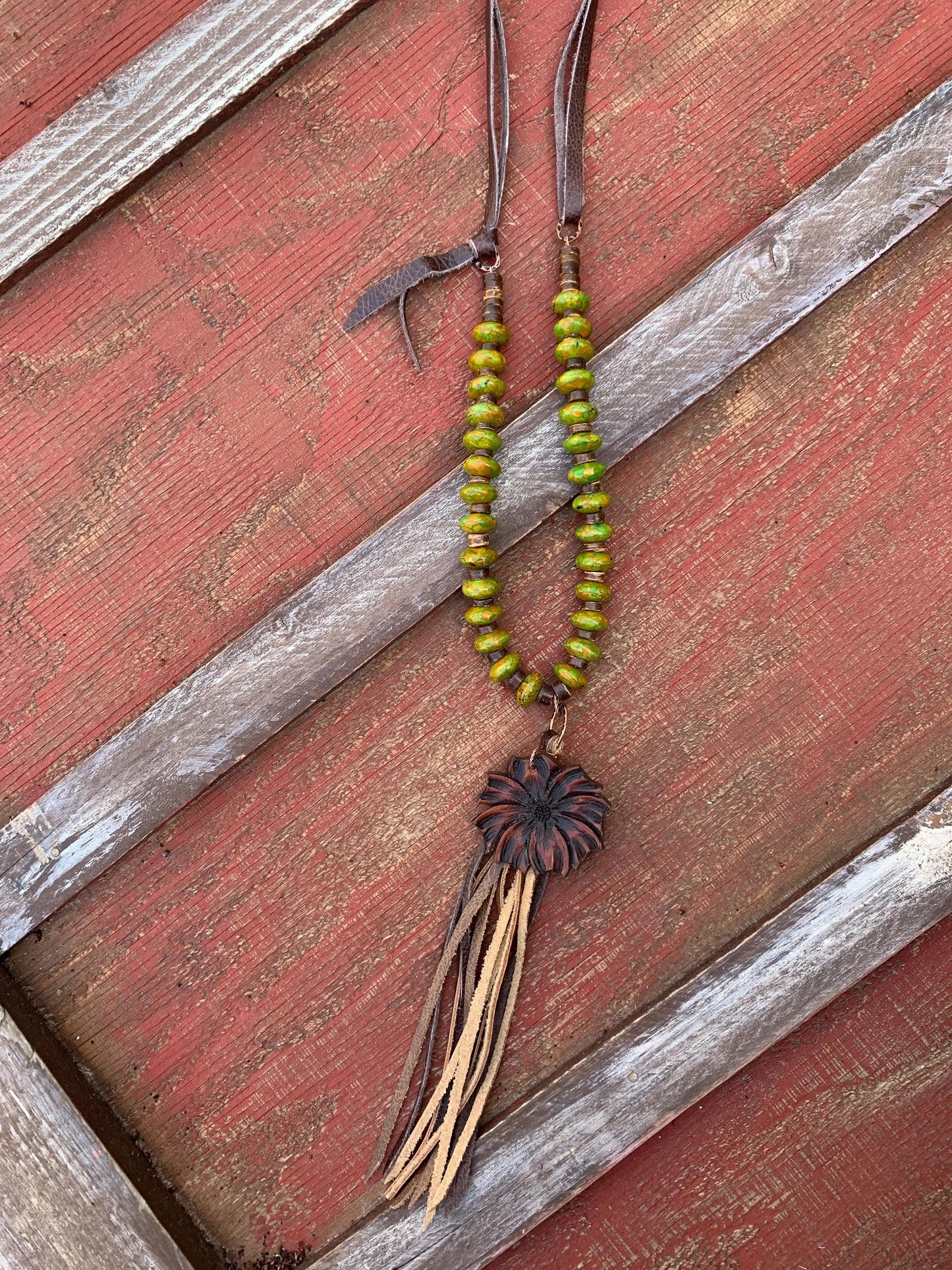 The Mabel Necklace in Green Turquoise with Hand Tooled Pendant